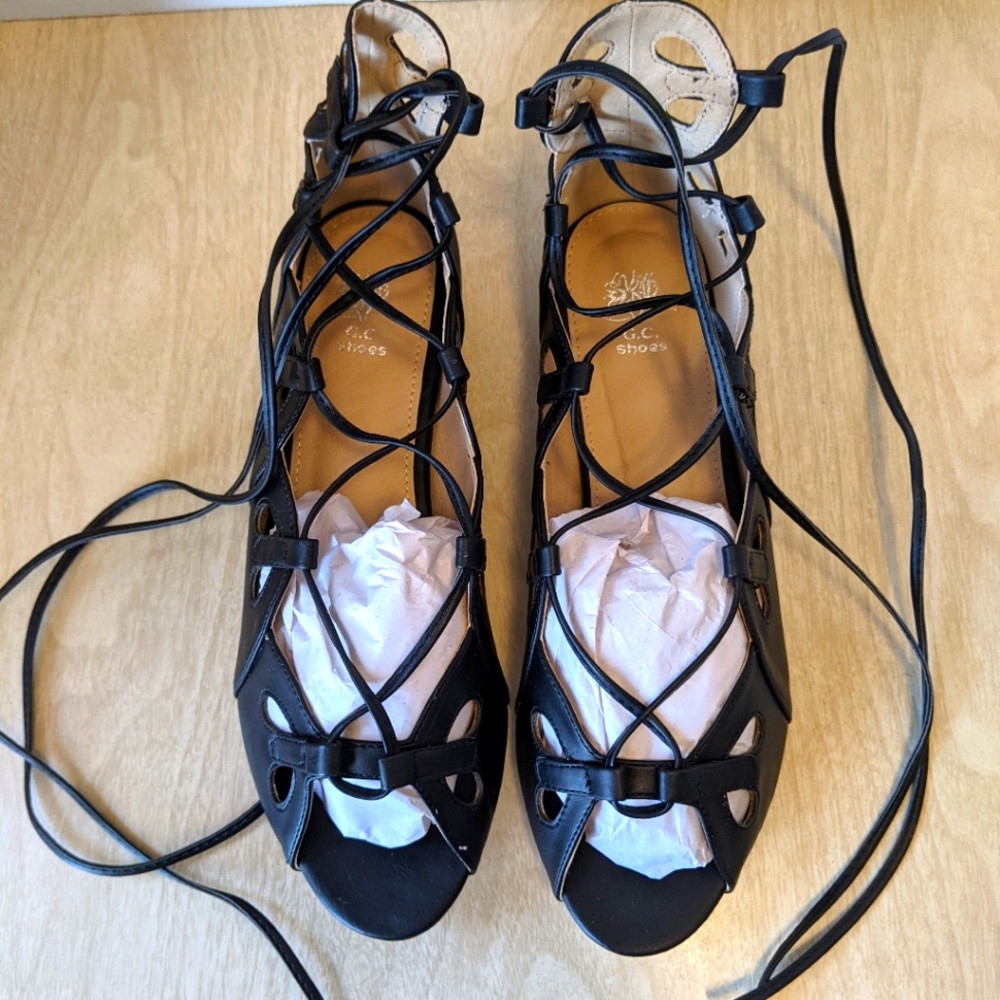 G.C. Shoes Black Lace Up Ballet Sandal Flats 8